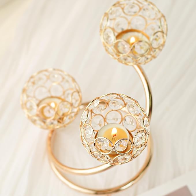 Gold Metal Crystal Candle Holder Set of 3 - Elegant 5-Arm Metal Tea Light Centerpiece with Shining Crystal Bowl, Wedding Anniversary Table Decor for Dining, Party