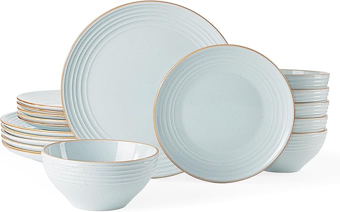 Famiware Jupiter 18-Piece Stoneware Dinnerware Sets for 6 – Handcrafted Plates and Bowls with Speckles & Embossed Swirls, Chip & Scratch Resistant, Modern Rustic Dishes for Daily & Formal Use, Blue