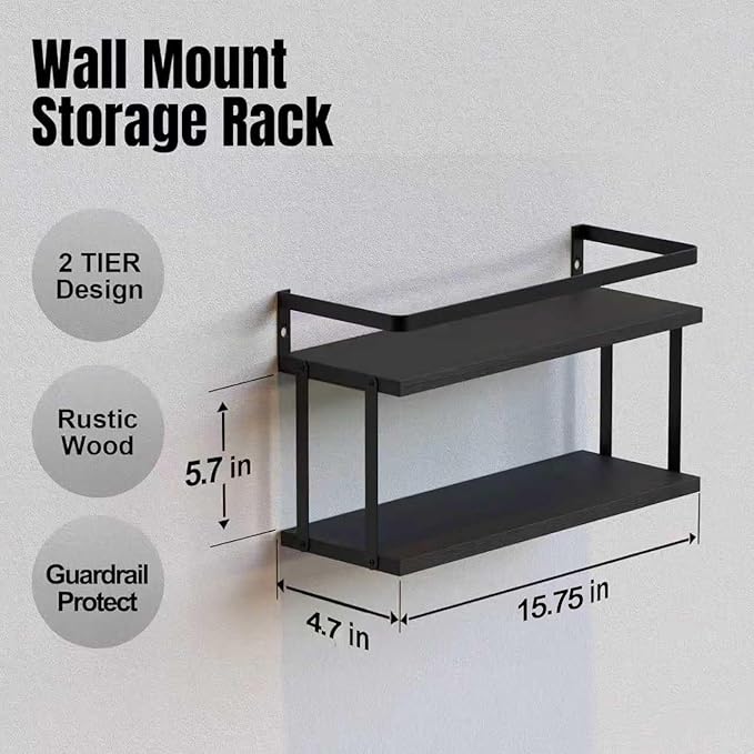 RICHER HOUSE Dual-Level Guardrail Floating Shelves, Rustic Wood Bathroom Shelf Wall Mounted, Over Toilet Paper Storage Shelves for Wall Decor, Bathroom Organizers - Black