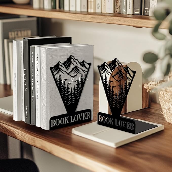 Peacoblue Metal Bookends for Shelves, Modern Decorative Heavy Duty Study Book Ends Stoppers for Office Desk Shelf, Room 5.3"x4.3"x7.1" Cast Iron Bookends 1 Pair (Triangles with Mountains and Forests)
