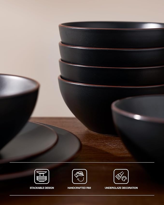 Famiware Venus Stoneware Dinnerware Sets with Trim, 24-Piece Modern Dishes Set for 6, Matte Black - Includes Pasta Bowls & Dinner Plates for Everyday Meals & Formal Dining, Microwave & Dishwasher Safe