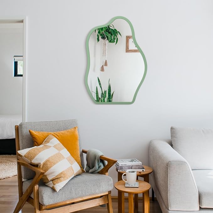 Asymmetrical Large Mirror Irregular Modern Mirror for Wall Decor Wooden Framed Hanging Wall Mirror Unique Shape Vanity Cloud Mirrors Decorative for Bedroom Bathroom Living Room Entryway