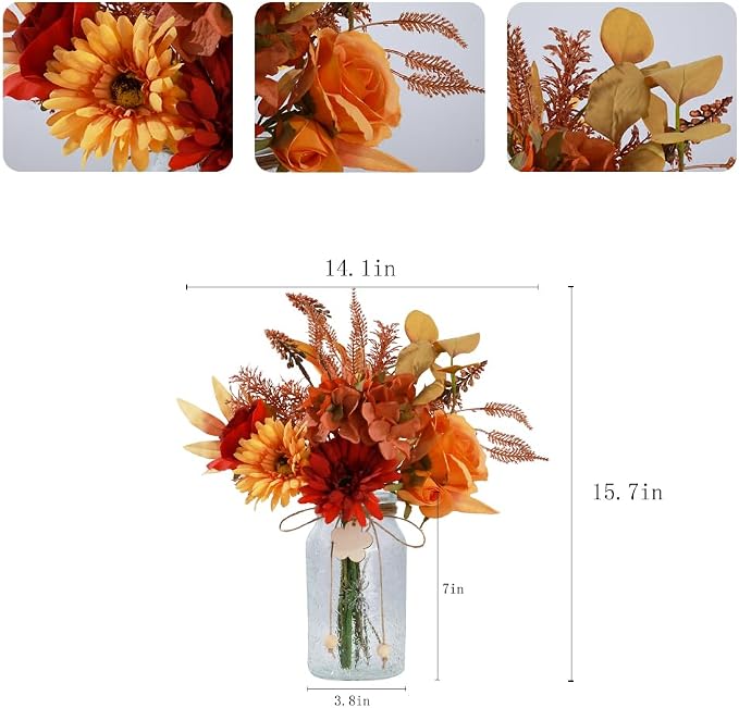 Silk Flowers with Vase, Artificial Flowers Arrangement with Glass Vase Faux Rose for Decoration Table Centerpiece (Daisy Orange)