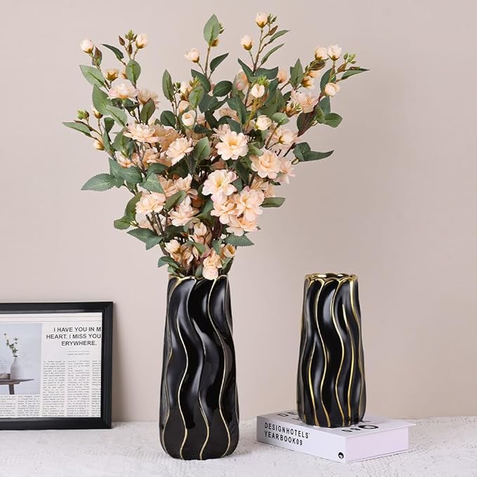 11.5" Black Ceramic Vase - Minimalist Black and Gold Flower Vase, Large Pampas Grass Vase, Boho Decorative Centerpiece Vase for Home Decor, Wedding, Housewarming, Table, Shelf, Mantel, and Entryway