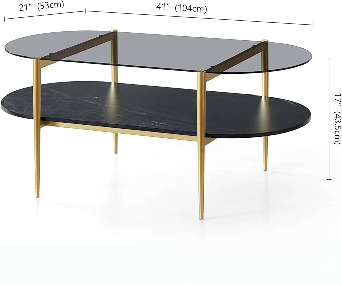 LumFurn Oval Glass Coffee Table, Mid-Century Modern Design, L41 x W21 x H17 inch, for Living Room, Grey Glass Top, Black Marble Finish Wood Shelf & Gold Finish Frame