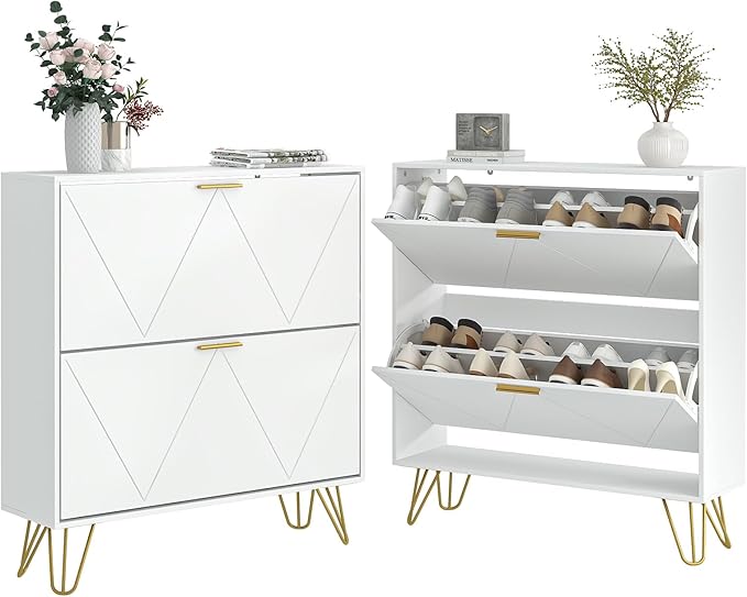 LYNSOM Shoe Cabinet with 2 Flip Drawers, Shoe Cabinet Storage for Entryway, White Shoe Storage Cabinet, Slim Wooden Freestanding Shoe Rack, Shoe Organizer with Fluted Panel for Hallway