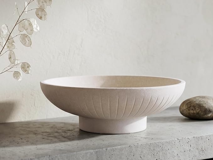 Minimalist Decorative Pedestal Bowl, 11.2''D Resin Vertical Stripes Catch All Bowl for Keys, Candles, Boho Large Dish for Coffee Table Centerpiece, Entryway Console Table, Beige White