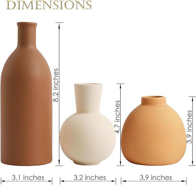 Joeabor Ceramic Vase Set of 3 - Handcrafted Ceramic Vases for Home Decor & Shelf - Modern Farmhouse Decor for Kitchen, Office, Bedroom & Living Room Decorative Objects for Mantel, Table Centerpieces