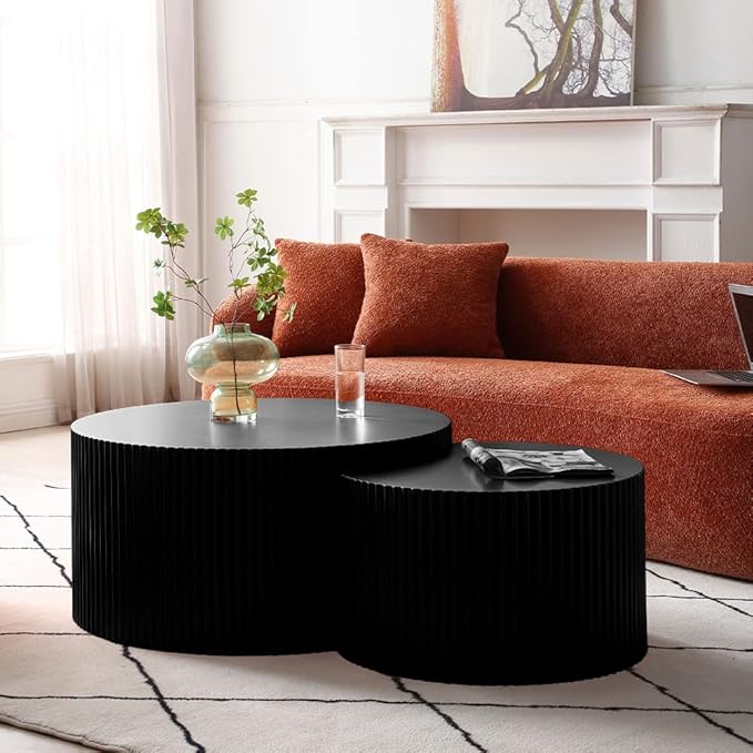 WILLIAMSPACE Nesting Coffee Table Set of 2, Round & Crescent Moon Wooden Coffee Tables, Modern Luxury Accent End Tea Table for Living Room Apartment (Black-Round)