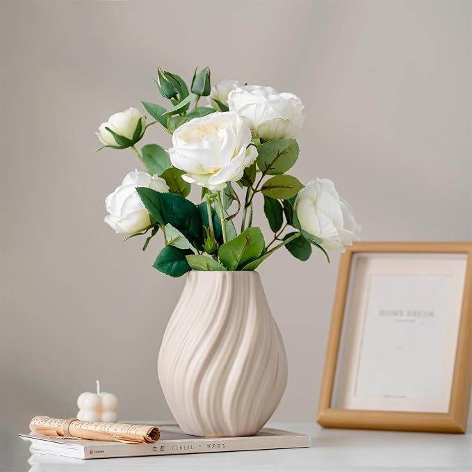 Modern White Ceramic Vase,Nordic Boho Geometric Striped Round Decorative Vase for Living Room,Shelf, Wedding&Dining Table Centerpiece, Farmhouse Home Decor, Office Decoration (Coffee Brown)