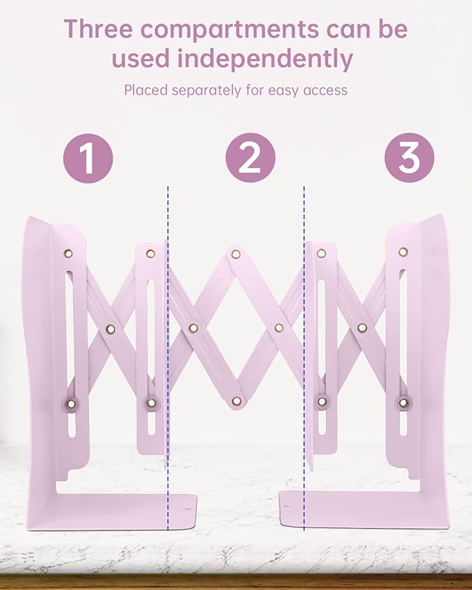 Honagu Adjustable Bookends, Metal Book Ends for Shelves Heavy Book, Desk Magazine File Organizer for Home, Office, Books, Papers, Extends up to 19 inches (Macaron Pink)