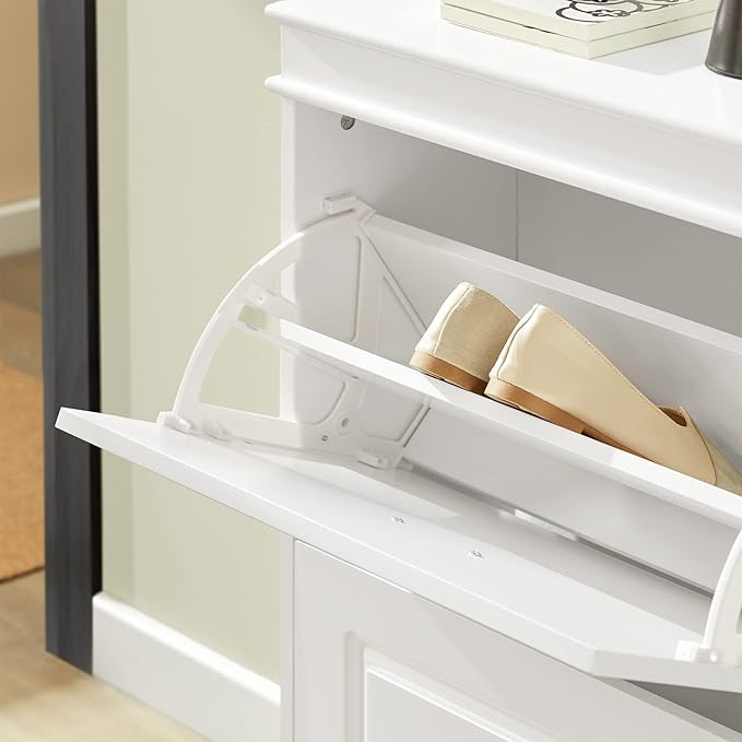 Haotian Narrow Shoe Cabinet, Slim Shoe Rack Entryway, Hidden Shoe Storage Organizer with 3 Flip Drawer for Hallway White FSR94-W