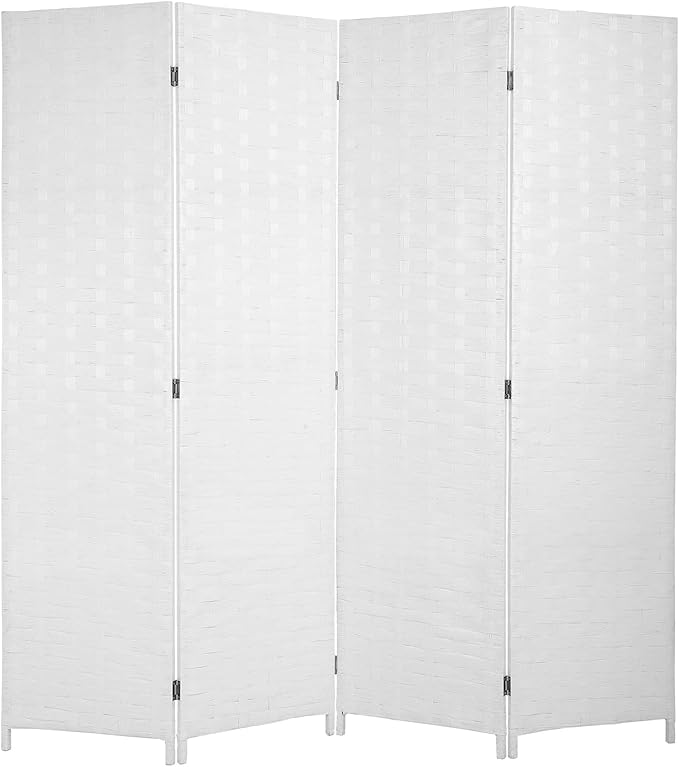 PayLessHere Room Divider 6FT Wood Mesh Hand-Woven Room Divider, 4-Panel Indoor Folding Portable Partition Screen,White