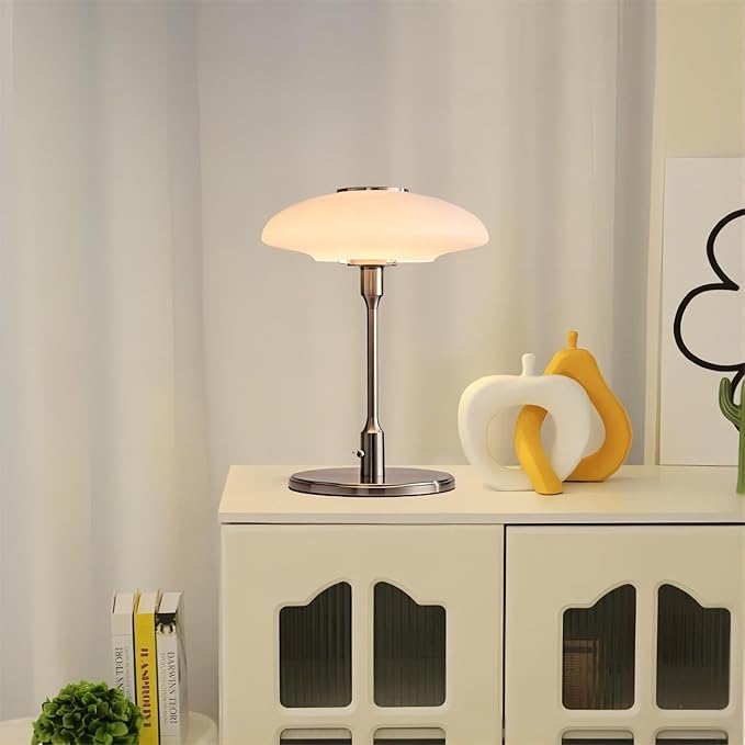Table Lamp, Metal and Glass Modern Bedside Lamp, Decorative Table Light, Table Lamp for Living Room Bedroom Study Room, 12.6 * 16.5 Inch, Chrome & White