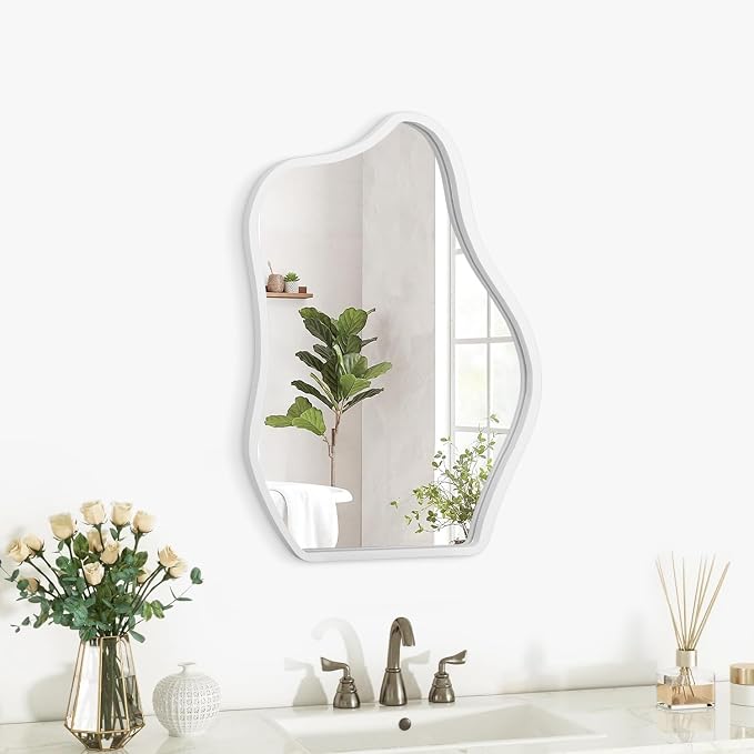 Wood Frame Hanging Mirror Asymmetrical Irregular Wall Mirror Unique Shape Modern Mirror Artistic Cloud Decorative Mirror for Living Room Bedroom Vanity Bathroom Entryway Hallway White