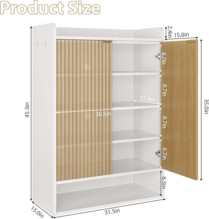 DreamDashio Fluted Shoe Cabinet Storage with Doors, 5-Tier Modern Shoe Storage Cabinet with Side Hooks, Open Shelf & Adjustable Shelves, Tall Shoe Rack Organizer Cabinet for Entryway, Hallway, White