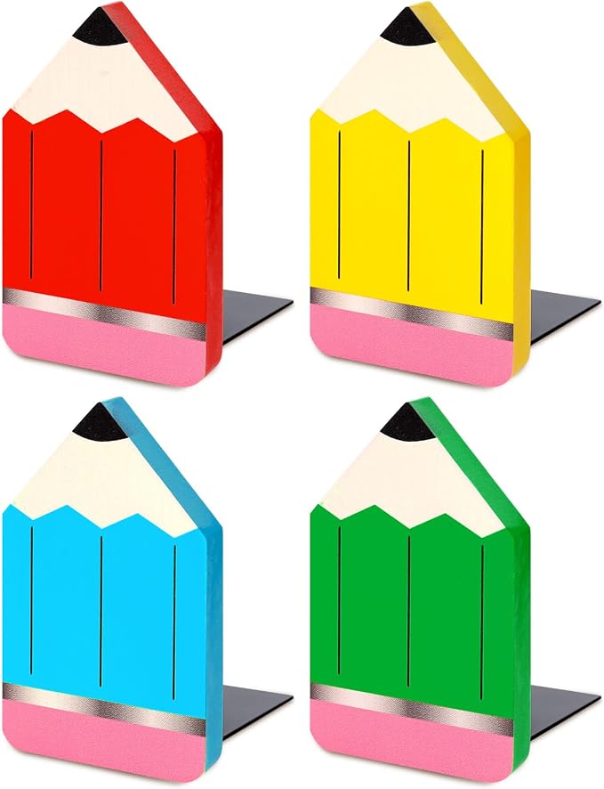 FYSUIMU 4Pcs Back to School Wood Bookends Colorful Pencil Shape Wooden Book Stands Chic Non Skid Book Stoppers for Heavy Books Home School Office Library