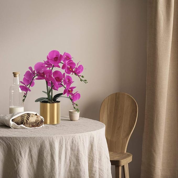 LESING Artificial Orchid Flower with Vase, White Orchid Bonsai Faux Orchid Phalaenopsis Plant Pot Arrangements for Home Decoration (Purple,Gold Vase)