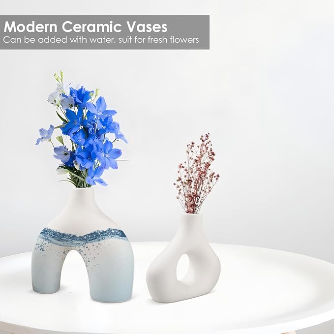White Ceramic Vase Set of 2 - Minimalist Nordic Style, Matte Donut Vases for Pampas Grass, Ceramic Hollow Donut Vase Decor, Flower Vases for Living Room Wedding Coffee Table Bookshelf Office Decor