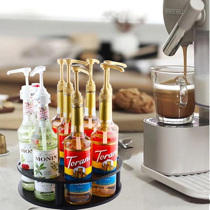 Rotating Coffee Syrup Organizer 9 Bottles Coffee Syrup Rack for Countertop Black Wood Syrup Bottle Holder Stand for Coffee Bar Station, Turntable Wine Display Tray