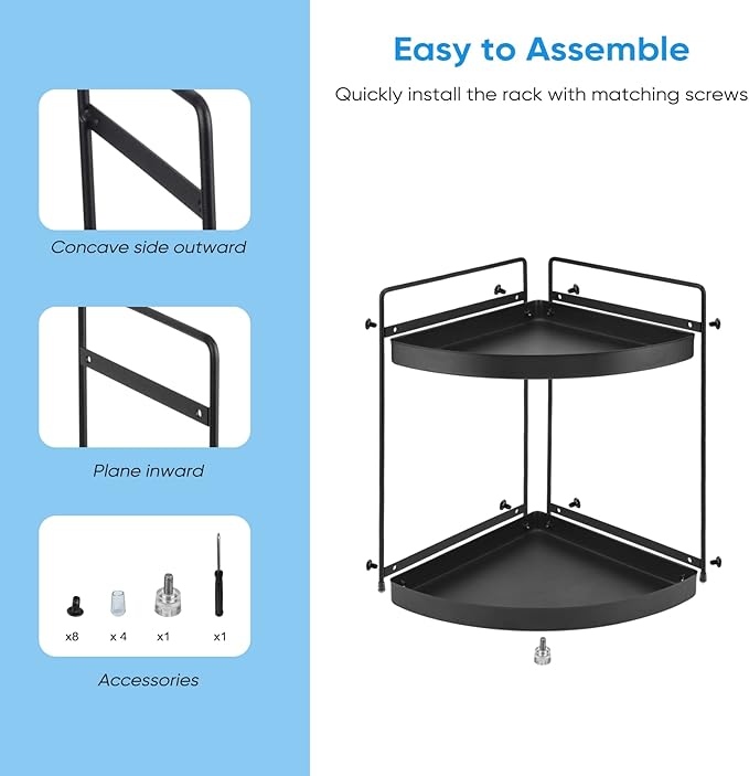 2 Tier Corner Shelf Rack Kitchen Counter Cabinet Bathroom Organizer Makeup Cosmetic countertop Organization and Storage Under Sink Organizers Perfume Trays for Dresser Black