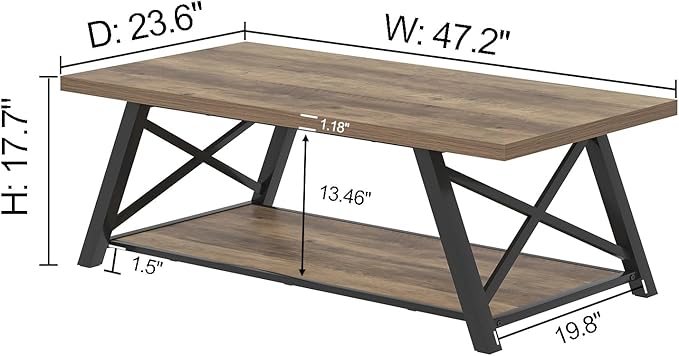 EXCEFUR Modern Coffee Table, Rectangle Center Table for Living Room with Storage Shelf, Industrial Wood and Metal Cocktail Tea Table, Rustic Oak, 47 Inch