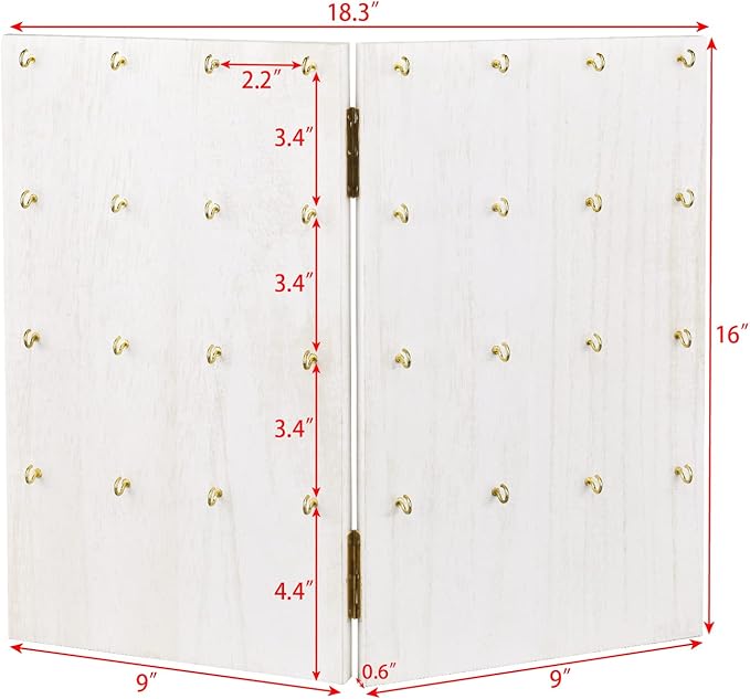 MOOCA Wooden Foldable Panel Jewelry Display Stand with 32 Hooks - Perfect for Store, Earring Cards, Keychains- Travel-Friendly Design, Unfolded size: 18.3" W x 0.6" D x 16" H, Wash White Color