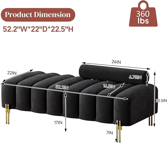 Modern Bench for Bedroom, 52.2" Channel Tufted End of Bed Bench, Ottoman Bench Small Window Entryway Footrest Padded Bench with Adjustable Back for Living Room, Black, Velvet