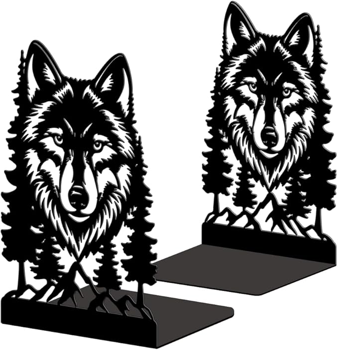 Peacoblue Metal Bookends for Shelves, Modern Decorative Heavy Duty Study Book Ends Stoppers for Office, Desk, Shelf, Room 5.3"x4.3"x7.9" Cast Iron Simple Tall Bookends 1 Pair (Wolf Head with Pines)