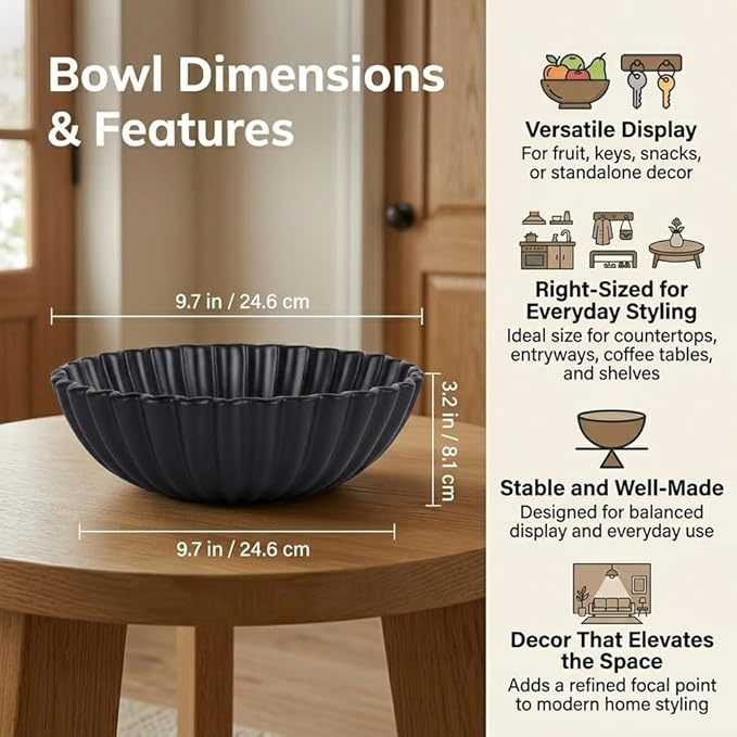 QIANLING Resin Large Black Decorative Bowl for Home Decor - Black Ruffle Fruit Bowl for Kitchen Counter Entryway or Coffee Table or Table Decor - Centerpiece Bowls for Keys, Fruit, Candy