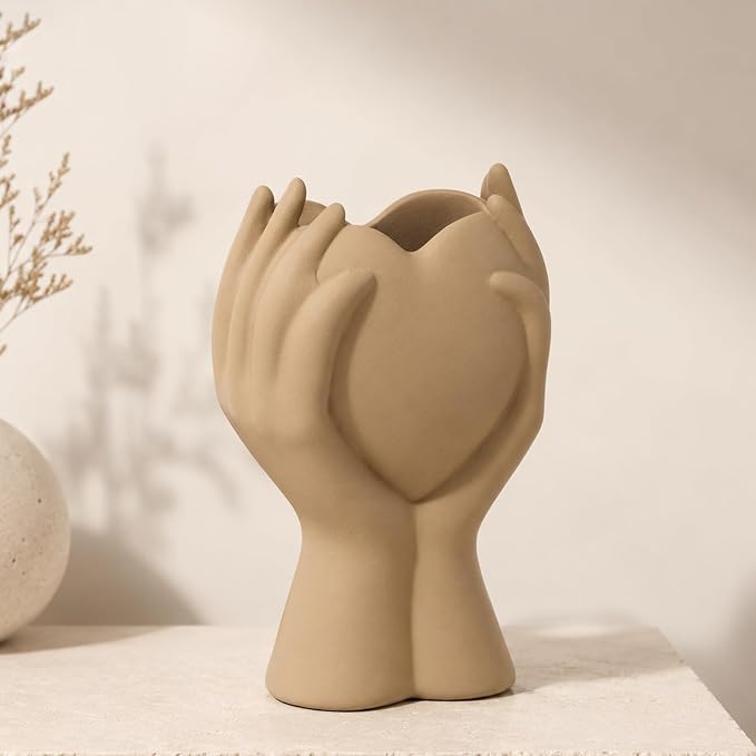 8 Inch Heart Hand Brown Ceramic Vase - Unique Modern Aesthetic Flowers Vase for Living Room Bedroom Office Kitchen Table Centerpiece or Shelf Decor - Gifts for Wedding Bridal Shower Women Mom (Brown)