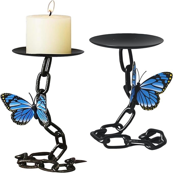 (2 Pack) Matte Black Iron Pillar Candle Holder, with 1 Magnetic Butterfly, Vintage Decor，Candle Holders for Living Room Decoration,Table Decor Without Candles