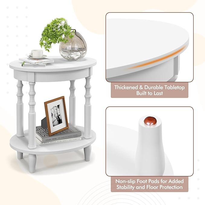 Giantex Oval End Tables Set of 2, 2-Tier Side Tables with Storage Shelf & Solid Wood Legs, Modern Living Room Accent Table, Wood Nightstand for Bedroom, Small Space, 20.5"L x 15.5"D x 24.5"H, White