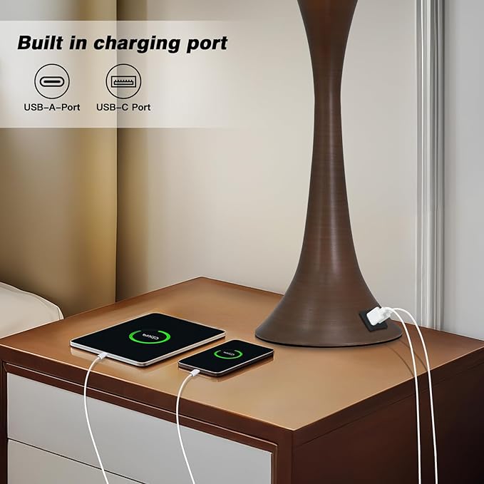 Rinweey 27.5" Table Lamps Set of 2, Touch Bedside Lamps with USB C+A Ports, 3 Way Dimmable Nightstand Lamps for Bedroom, Living Room, Office, Brown Lamp with Beige Lampshade, Bulbs Included