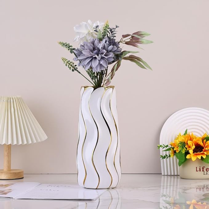 7.5" White Ceramic Vase - Minimalist Decor White and Gold Flower Vase, Modern Pampas Grass Vase, Boho Decorative Centerpiece Vase for Home Decor, Table, Shelf, Mantel, and Entryway
