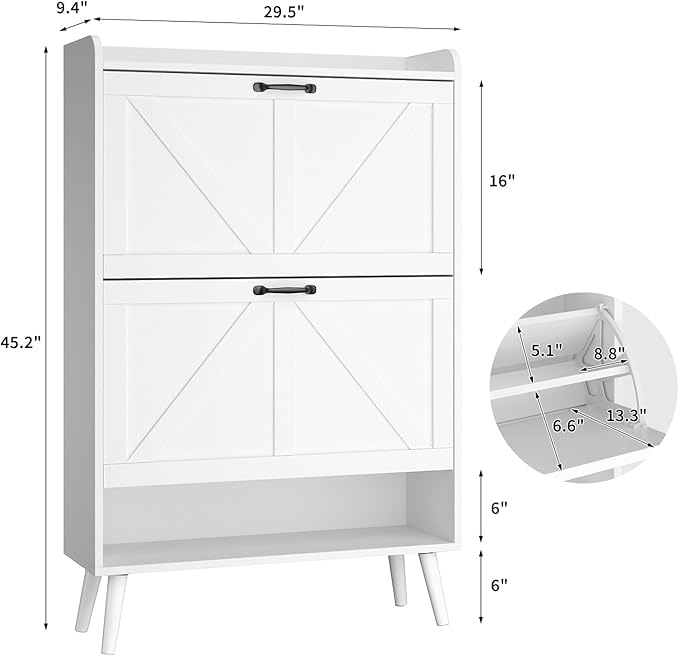 Shoe Cabinet with 2 Flip Drawers, Freestanding Shoe Storage Cabinet for Entryway, Farmhouse Shoe Organizer Cabinets with Wood Legs, Narrow Shoes Rack Cabinet, White