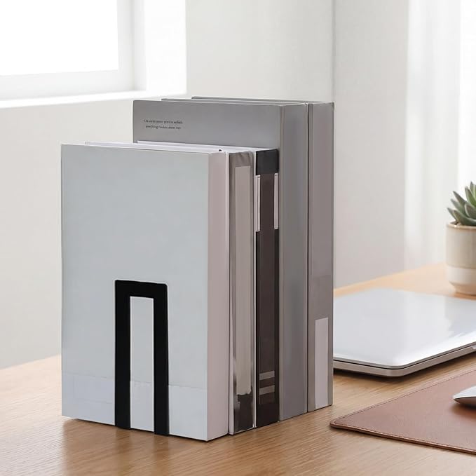 Chunful 6 Pcs Modern Metal Book Ends for Shelves Decorative Small Bookends Book Shelf Organizer Minimalist Design Stopper to Hold Books for Office (Square)