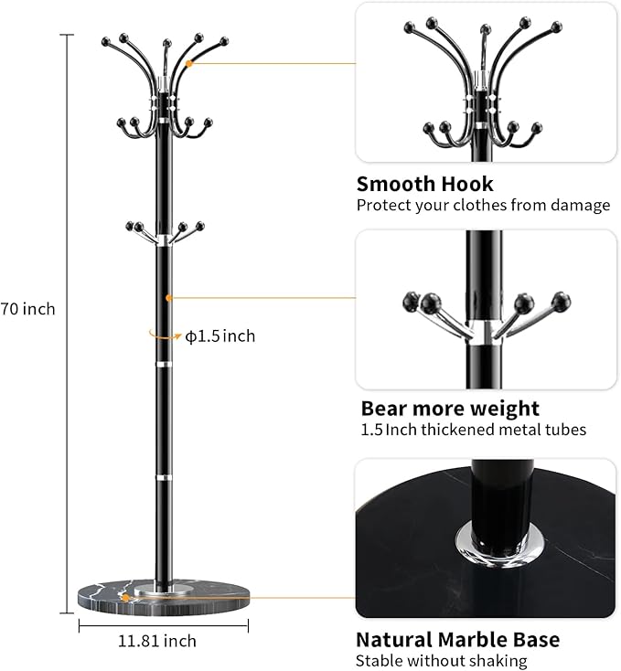 Snaikor Metal Coat Rack Stand with Natural Marble Base, Modern Coat Rack Freestanding, 360°Rotary Coat Racks with 14 Hooks, Heavy Duty Coat Hall Tree Hanger Stand for Entryway, Office
