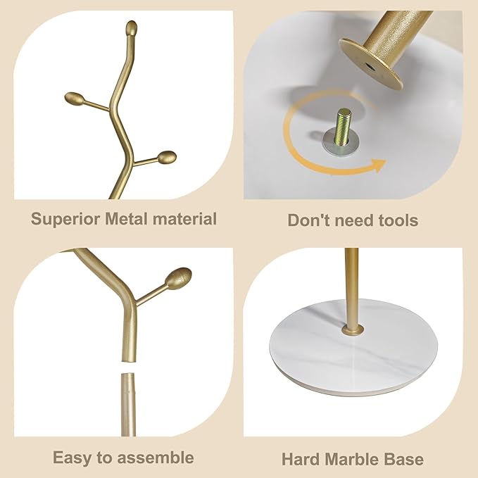 Modern Freestanding Coat Rack, Tree-Shaped Metal Hall Tree with 8 Hooks & Marble Base, Sturdy Entryway Organizer for Coats, Hats, Scarves, Purses, Ideal for Bedroom, Hallway, Office(Gold)