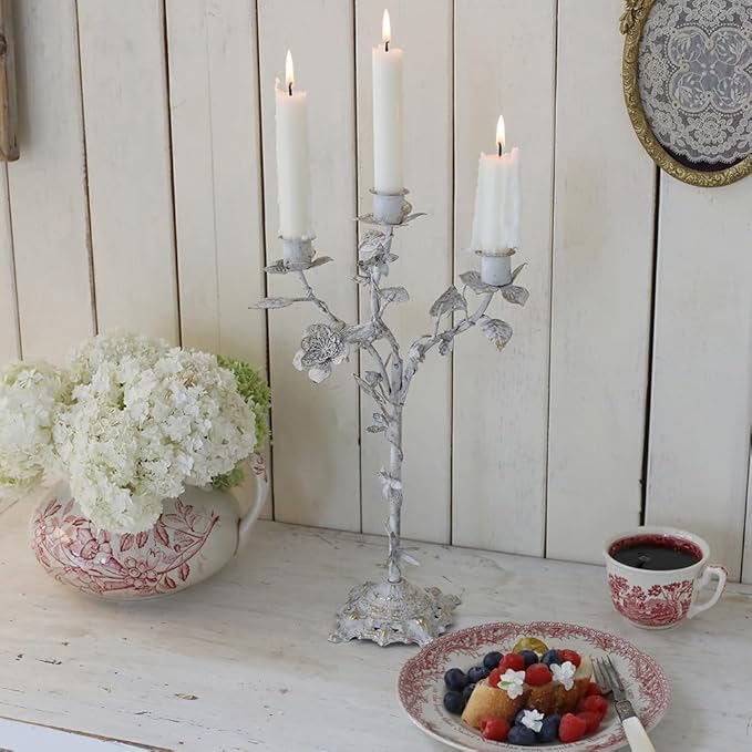 Vintage Rustic Iron Taper Candle Holder 3 Arms Flower Metal Candelabra Distressed White Candlestick for Centerpiece Table Mantel Handmade Candle Stick Stand for Wedding Dining Party Home Xmas Decor