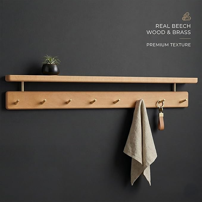 Wall Mounted Coat Rack with Shelf, Wooden Entryway Organizer with 5 Hooks, Wall Shelf with Hooks for Hallway, Bedroom, Bathroom (Beech, 14.96inch/5 Hooks)
