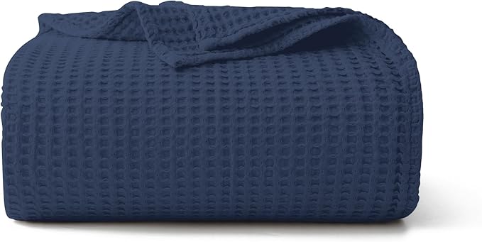 100% Cotton Waffle Blanket (Navy Blue - Twin Size - 66 * 90''), Pre-Washed and Anti-Shrinkage Soft Lightweight Bed & Couch Blanket, 380 GSM Waffle Weave Throw Blanket for All Seasons