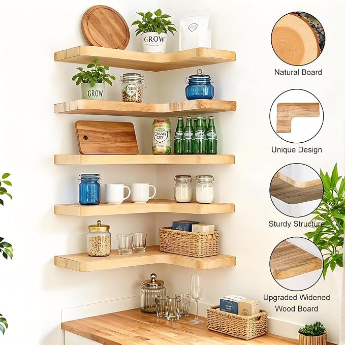 Floating Corner Shelves, Wall Shelf Set of 5, Shelves for Wall Storage, Solid Wood Shelves for Storage, Wall Mount Wooden Display Shelf for Bathroom Bedroom Kitchen Garage (Light 5 Pcs)