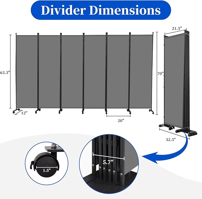 Room Divider 6FT Room Partition with Lockable Wheels, (Thicked Metal Base) Room Dividers, Freestanding Indoor Folding Privacy Screens, Portable Fabric Wall Divider for (Grey, 132"- 6 Panel)