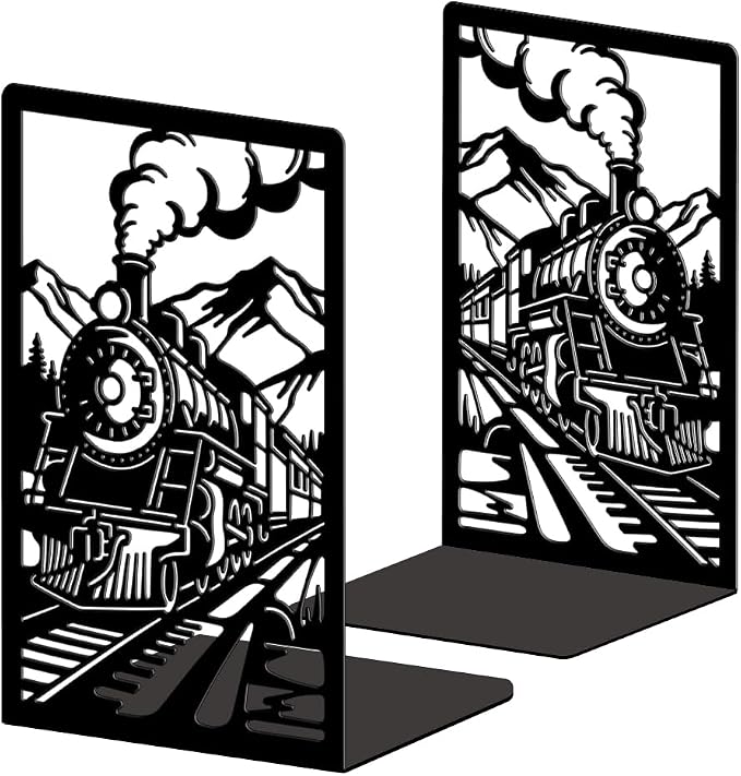 Peacoblue Metal Bookends for Shelves, Modern Decorative Heavy Duty Study Book Ends Stoppers for Office Desk Shelf, Room 5.3"x4.3"x7.9" Cast Iron Tall Bookends 1 Pair (Steam Train with Mountains)