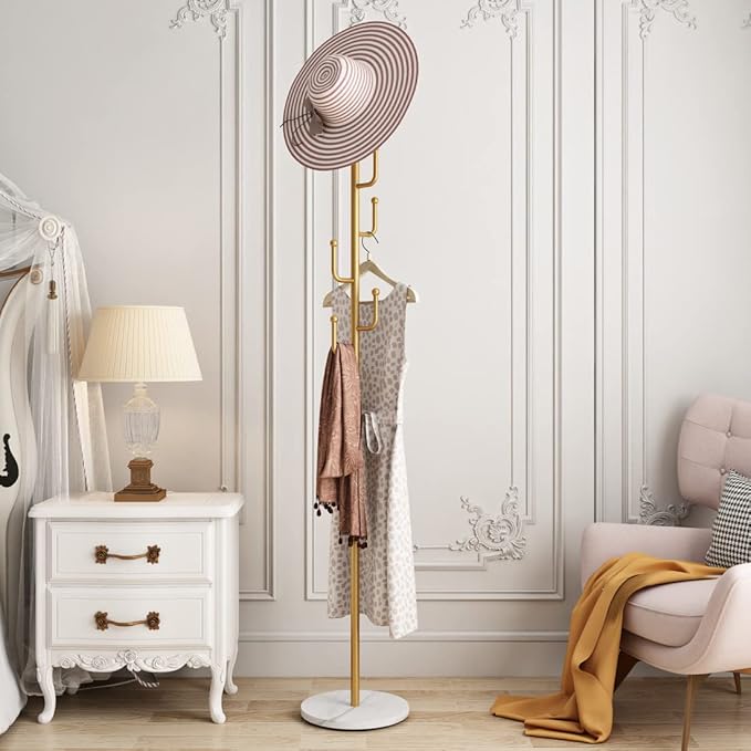 Gold Coat Rack, Free-standing Small Modern Coat Stand Tree with 6 Hooks, Marble Base, Hat & Coat Cactus Shape Hanger for Bedroom, Office, Metal Vintage, gold