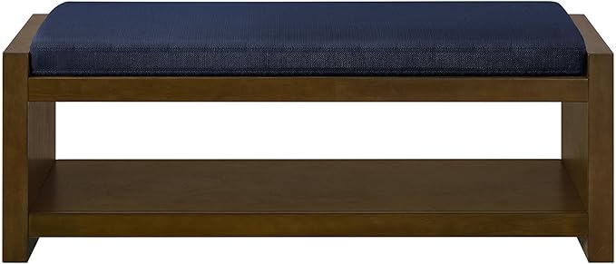 Accent Bench with Lower Shelf Shoe Rack, Padded Seating Bench for Living Room, Modern Compact Bed End Bench with Storage for Bedroom Seating, Removable Cushion (Navy Blue, 47" L)