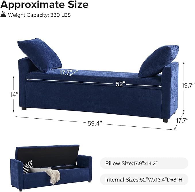 EcoHarbor Living 59.4" Storage Ottoman Bench, Upholstered End of Bed Bench with Throw Pillows and Arms, Footrest Stool for Bedroom Living Room, Entryway and Hallway Footstools, Navy