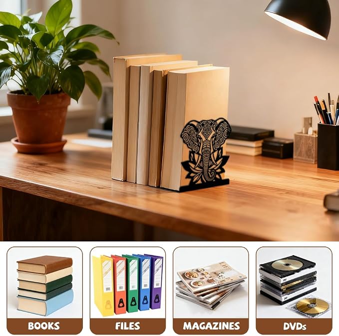 Peacoblue Metal Bookends for Shelves, Modern Decorative Heavy Duty Study Book Ends Stoppers for Office Desk Shelf, Room 5.3"x4.3"x5.9" Cast Iron Tall Bookends 1 Pair (Boho Elephant with Lotus Flower)