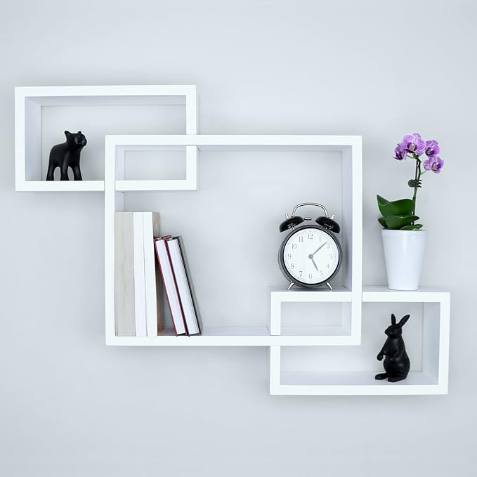 Ballucci Wooden Interweave Floating Wall Mounted Shelves, Horizontal and Vertical Display Storage Shelf for Living Room Bedroom Entryway Hallway Bathroom, 26" x 16", White